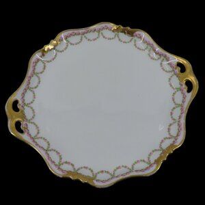 GOA Limoges Double Handle Plate 9.75in x 8.9in Pink Rose Floral Flower Swag Gold
